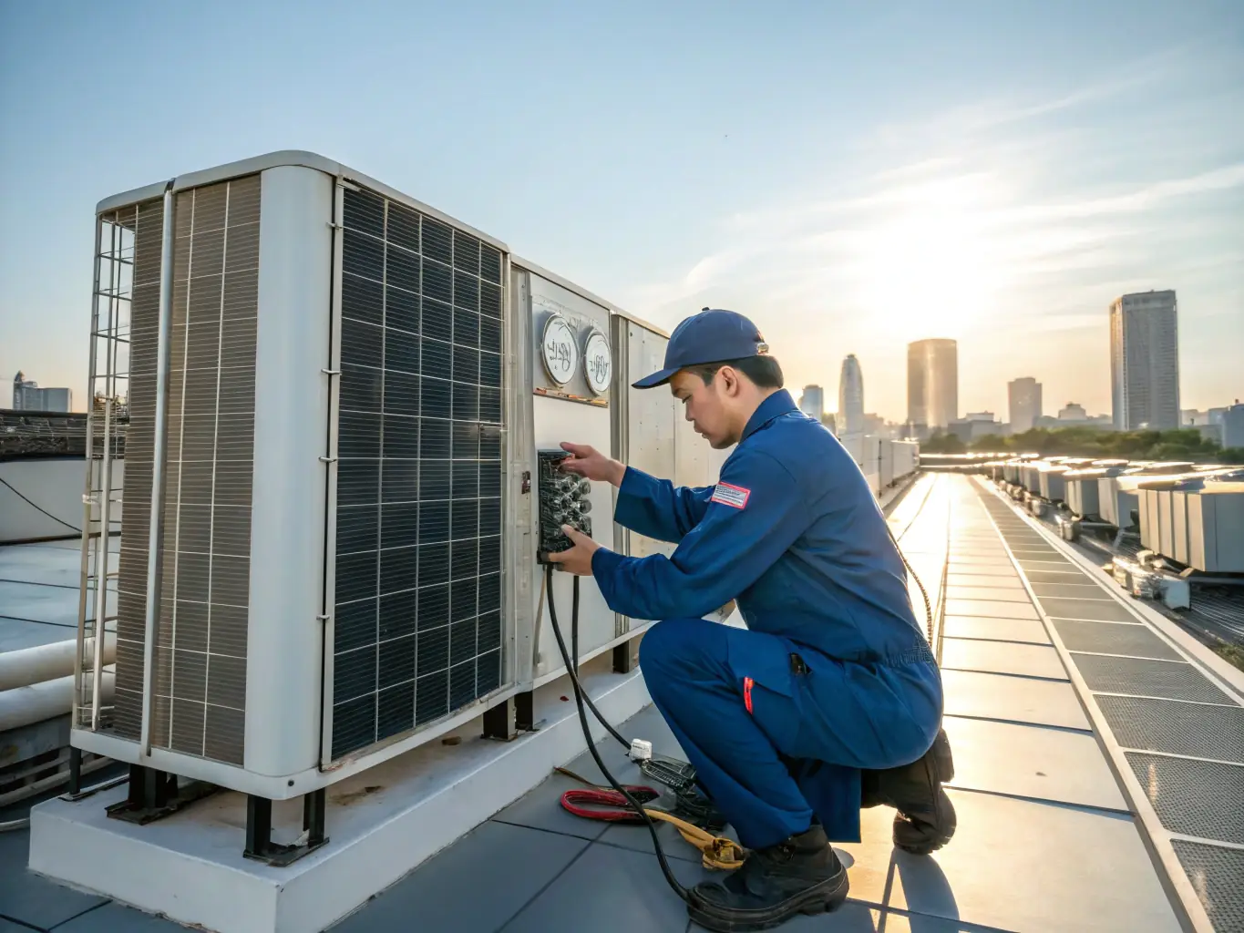 A technician is shown diagnosing an air conditioning unit on a sunny rooftop in Phoenix, Arizona. The image conveys expertise and reliability in AC repair services.