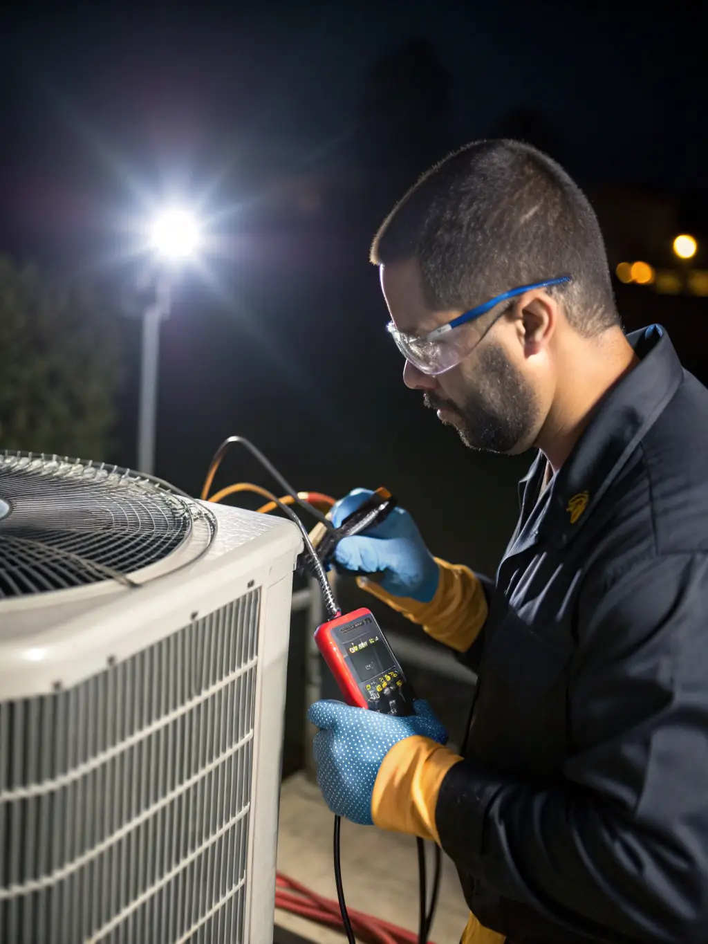 A technician is diagnosing an AC unit on the roof of a Phoenix home, with the city skyline in the background.