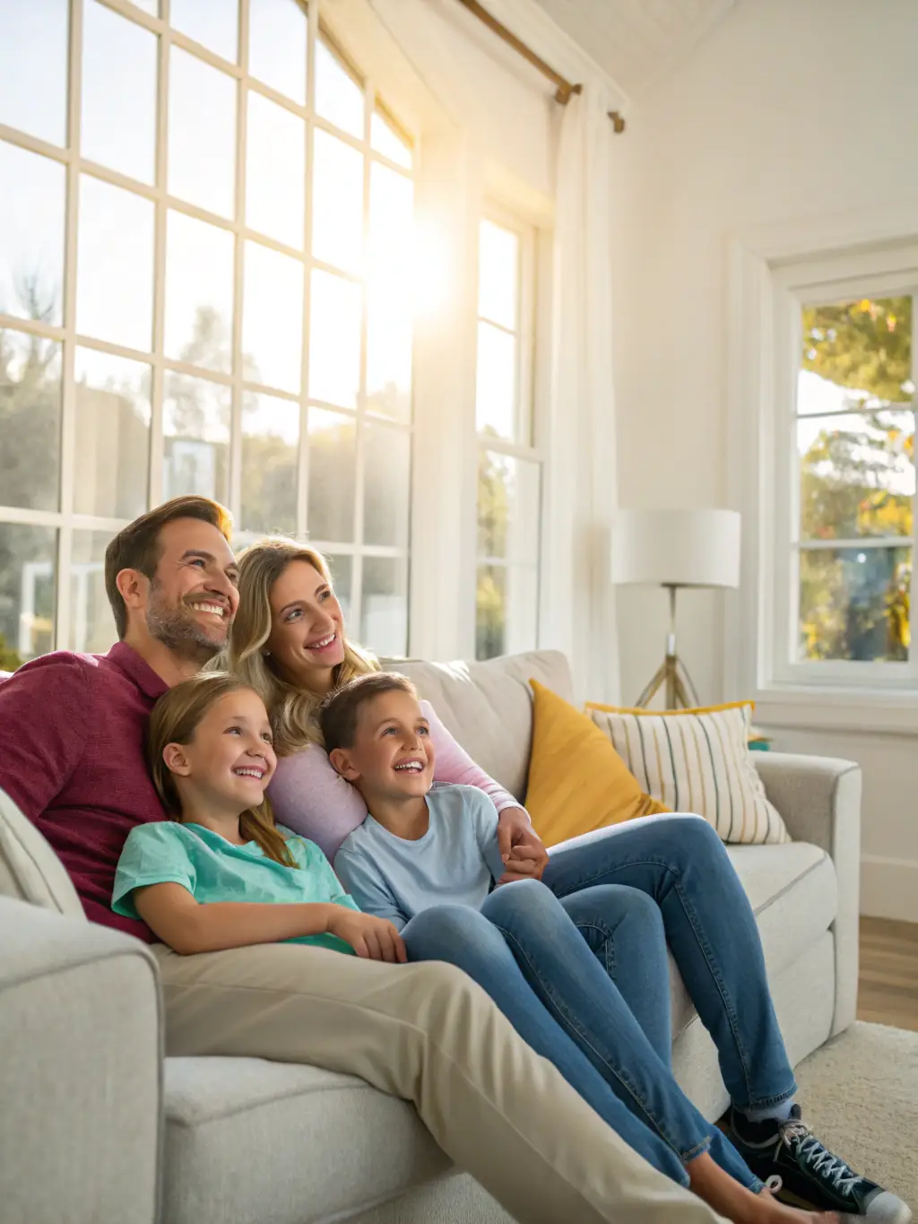 A family is relaxing in their living room, enjoying the cool air from their newly repaired AC system in Phoenix.