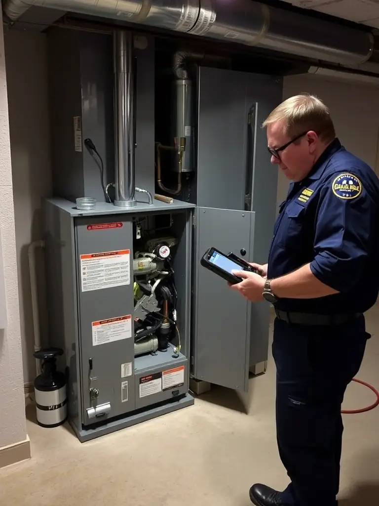 A technician inspecting a furnace in a clean, well-maintained basement of a Phoenix home during the winter.