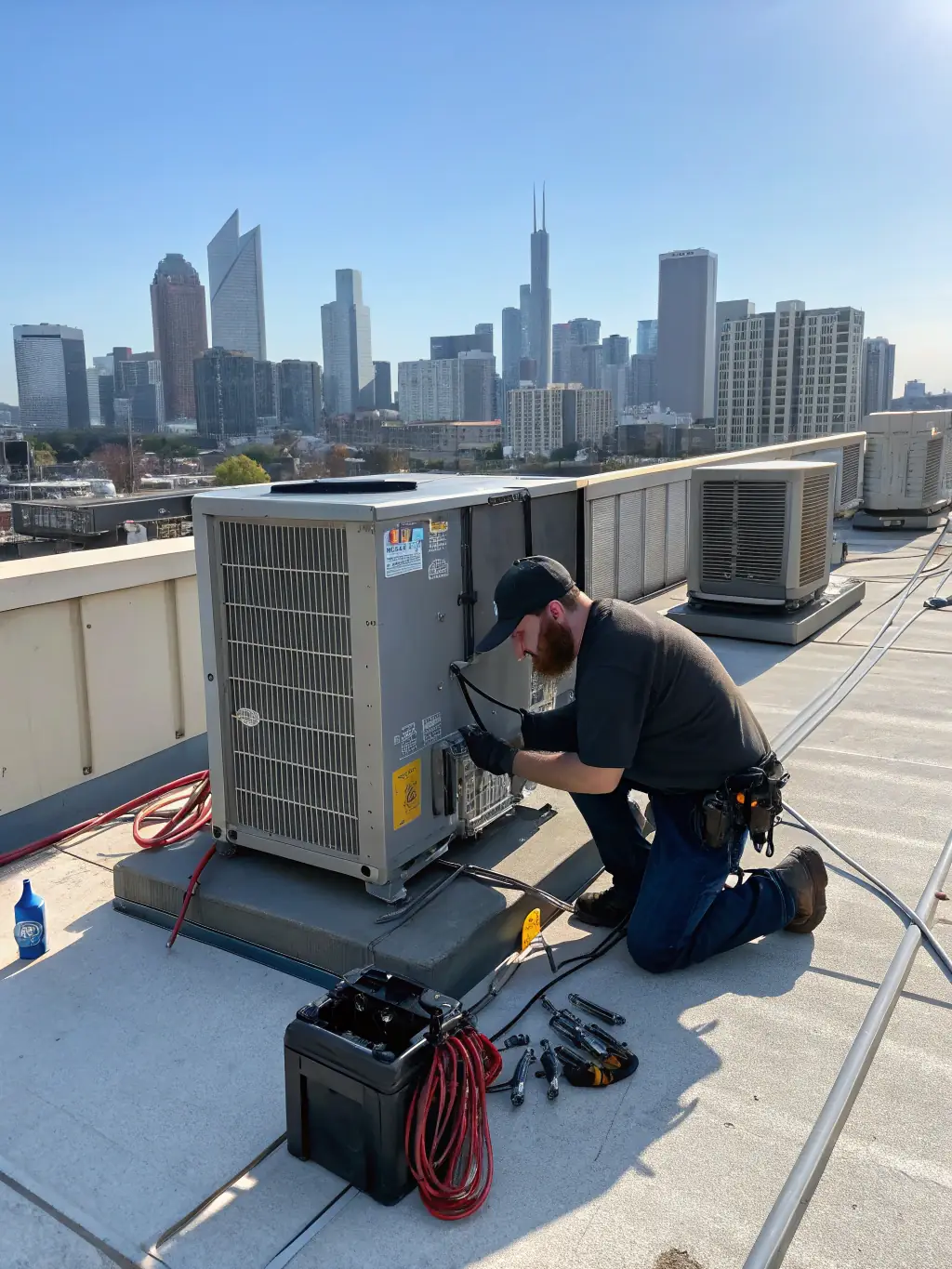 A technician in Phoenix repairing an air conditioning unit outdoors, with clear blue skies in the background, showcasing the company's HVAC Repair and Installation service.