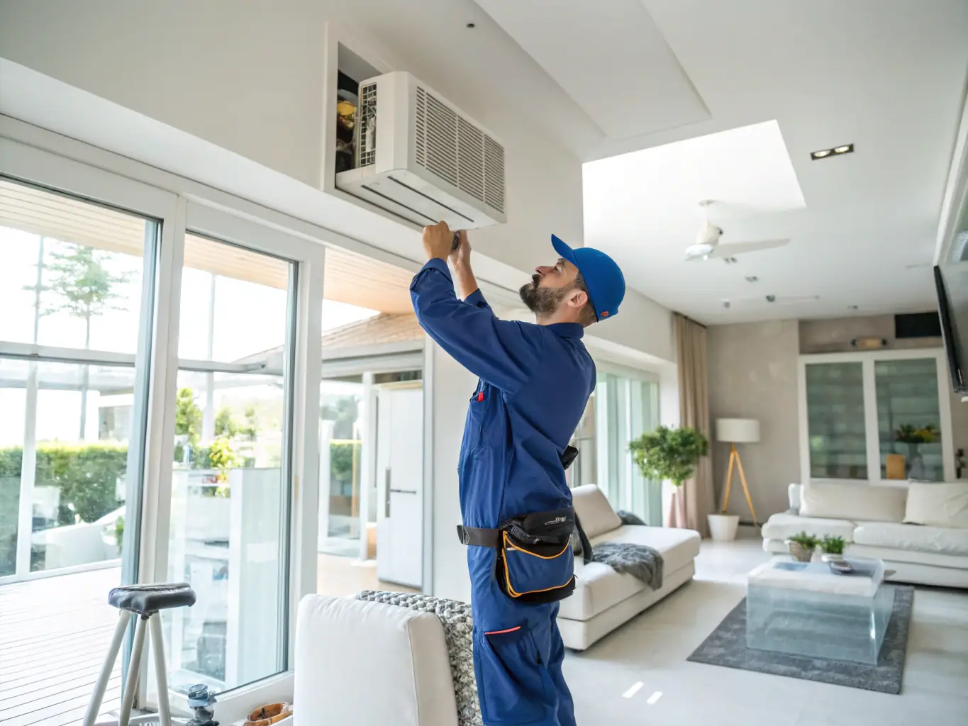 A technician installing a whole-house air filtration system in the ductwork of a home's HVAC system, ensuring optimal air quality throughout the house.