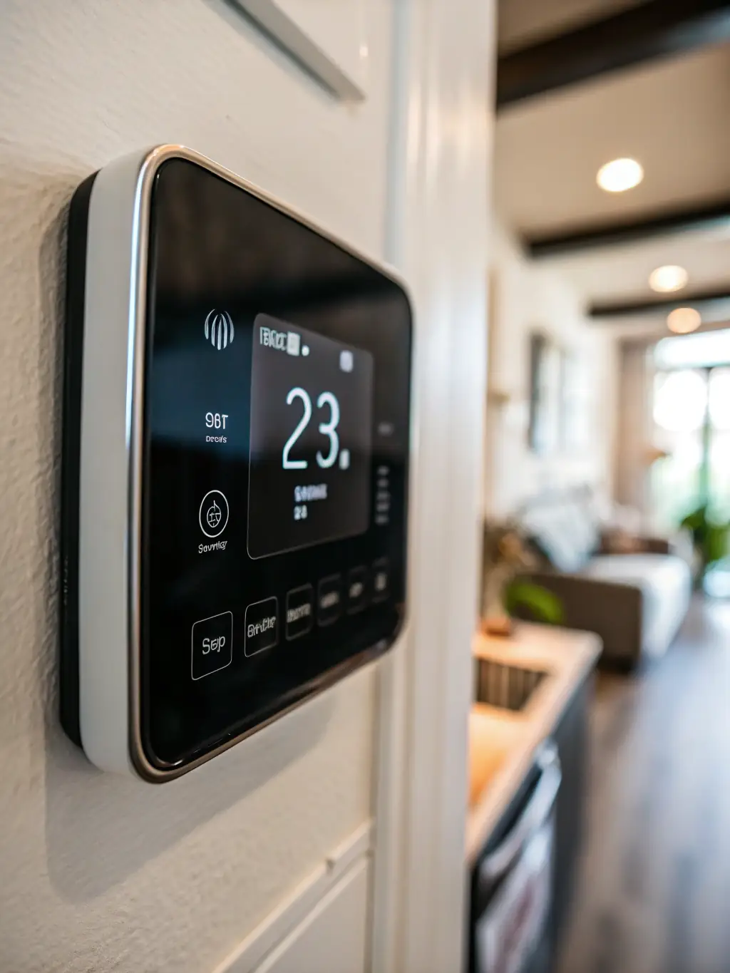 A close-up of a smart thermostat controlling the temperature in a Phoenix home, with a focus on energy efficiency.