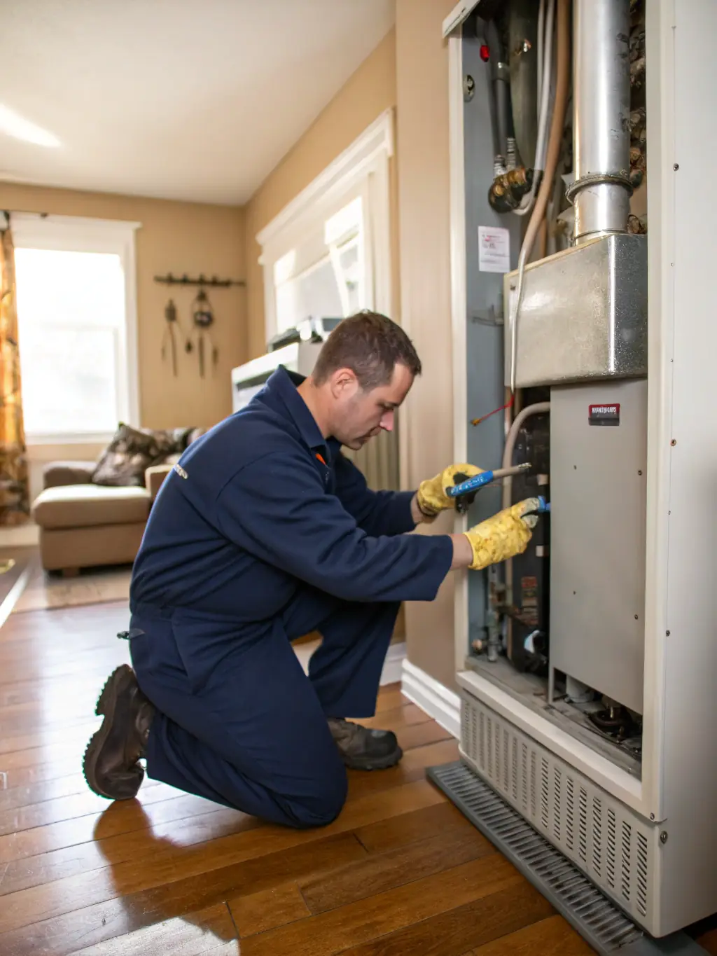 A Phoenix HVAC Pros technician carefully inspecting a furnace inside a residential home, highlighting their expertise in furnace repair.