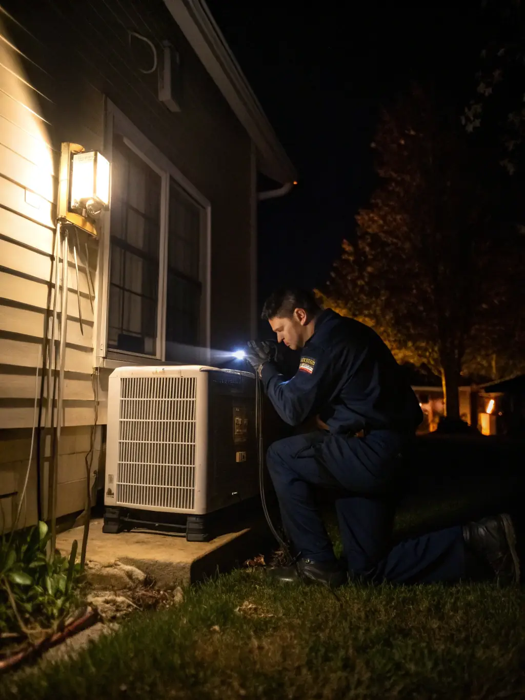 A technician responding to an emergency call at night in Phoenix, illustrating the company's 24/7 Emergency HVAC Repair service.