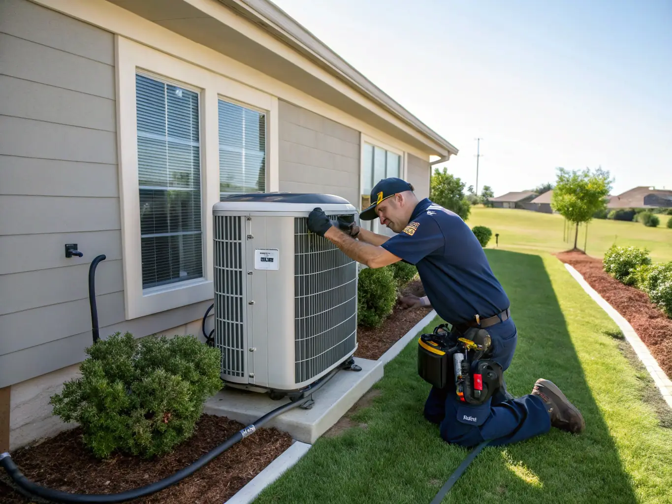 A Phoenix HVAC Pros technician repairing an air conditioning unit outdoors on a sunny day in Phoenix, Arizona. The focus is on the technician's expertise and the modern HVAC equipment.