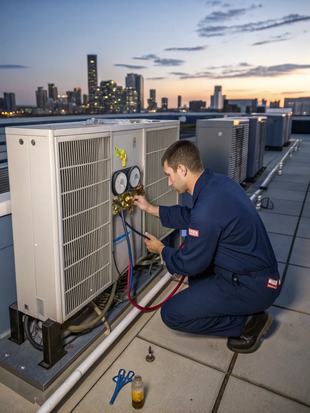 A Phoenix HVAC Pros technician performing routine maintenance on an HVAC system, emphasizing the benefits of their affordable maintenance plans.