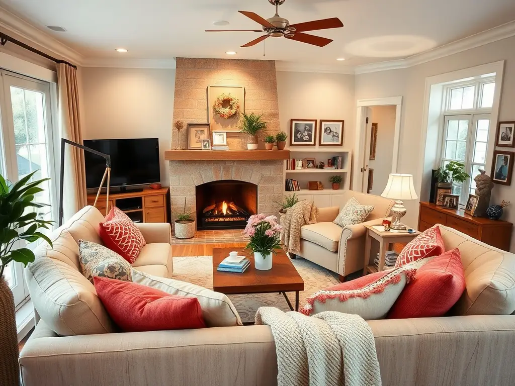 A family enjoying a cozy living room with a fireplace, emphasizing the comfort and warmth provided by a reliable heating system.