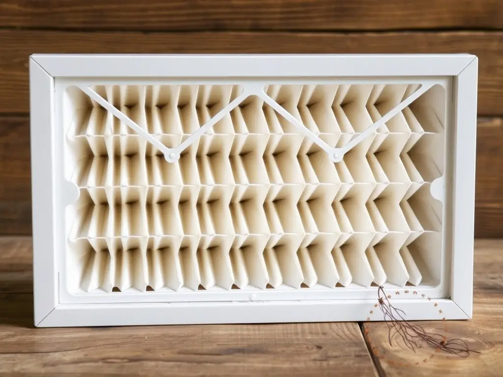 A close-up of a high-efficiency air filter, highlighting its ability to trap fine particles and allergens, with a clean, modern home in the background.