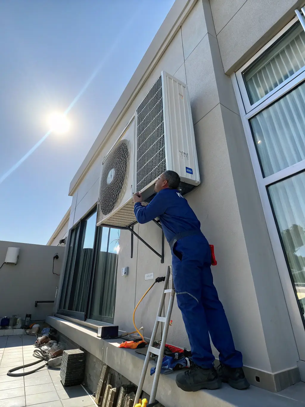 A split air conditioner unit is being installed by a technician in a modern Phoenix home, with the sun shining brightly outside.