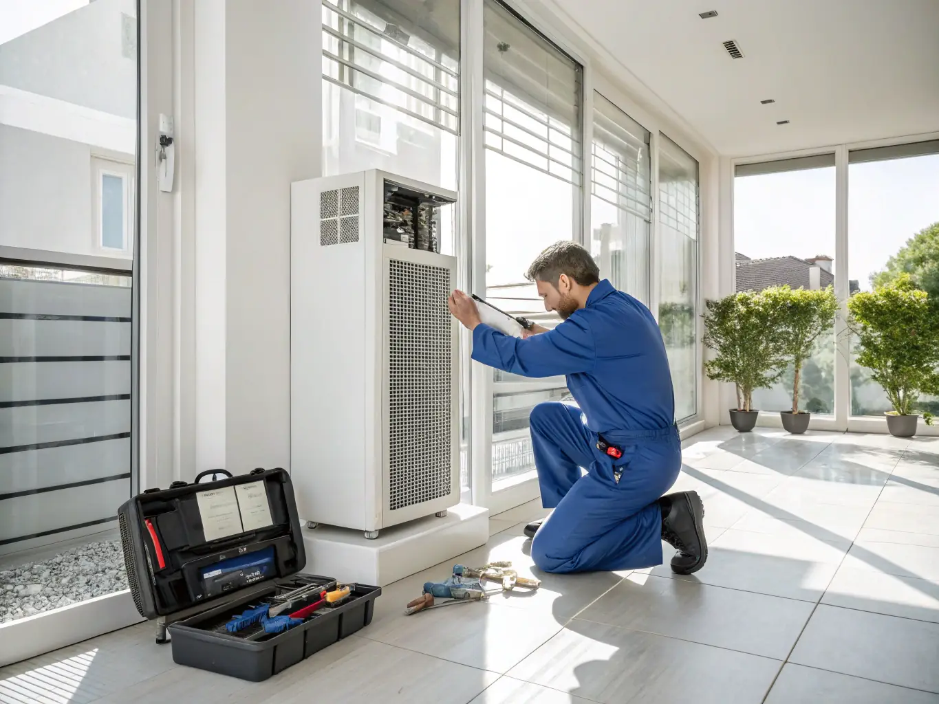 A new, energy-efficient HVAC system is being installed by two technicians on the side of a modern home in Phoenix, Arizona. The image highlights the benefits of professional HVAC installation.