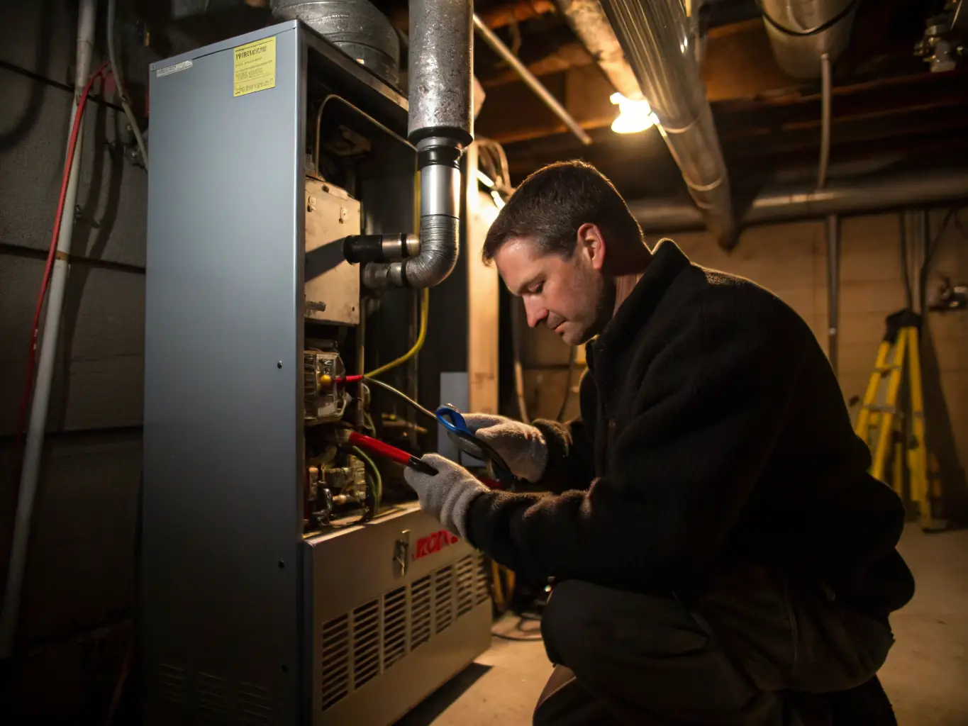 A technician is depicted inspecting a furnace in a well-lit basement of a home in Phoenix, Arizona. The image emphasizes the importance of furnace maintenance and repair.