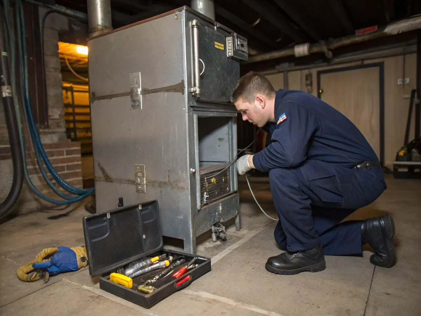A Phoenix HVAC Pros technician inspecting a home furnace in a well-lit basement, with tools and diagnostic equipment visible.