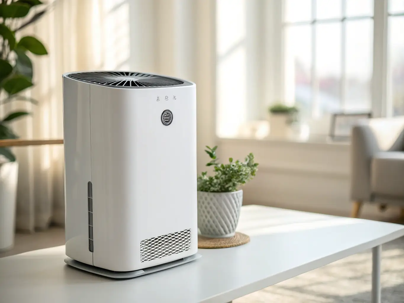 A modern air purifier unit operating in a living room, showcasing its sleek design and quiet operation, with sunlight streaming through the window.