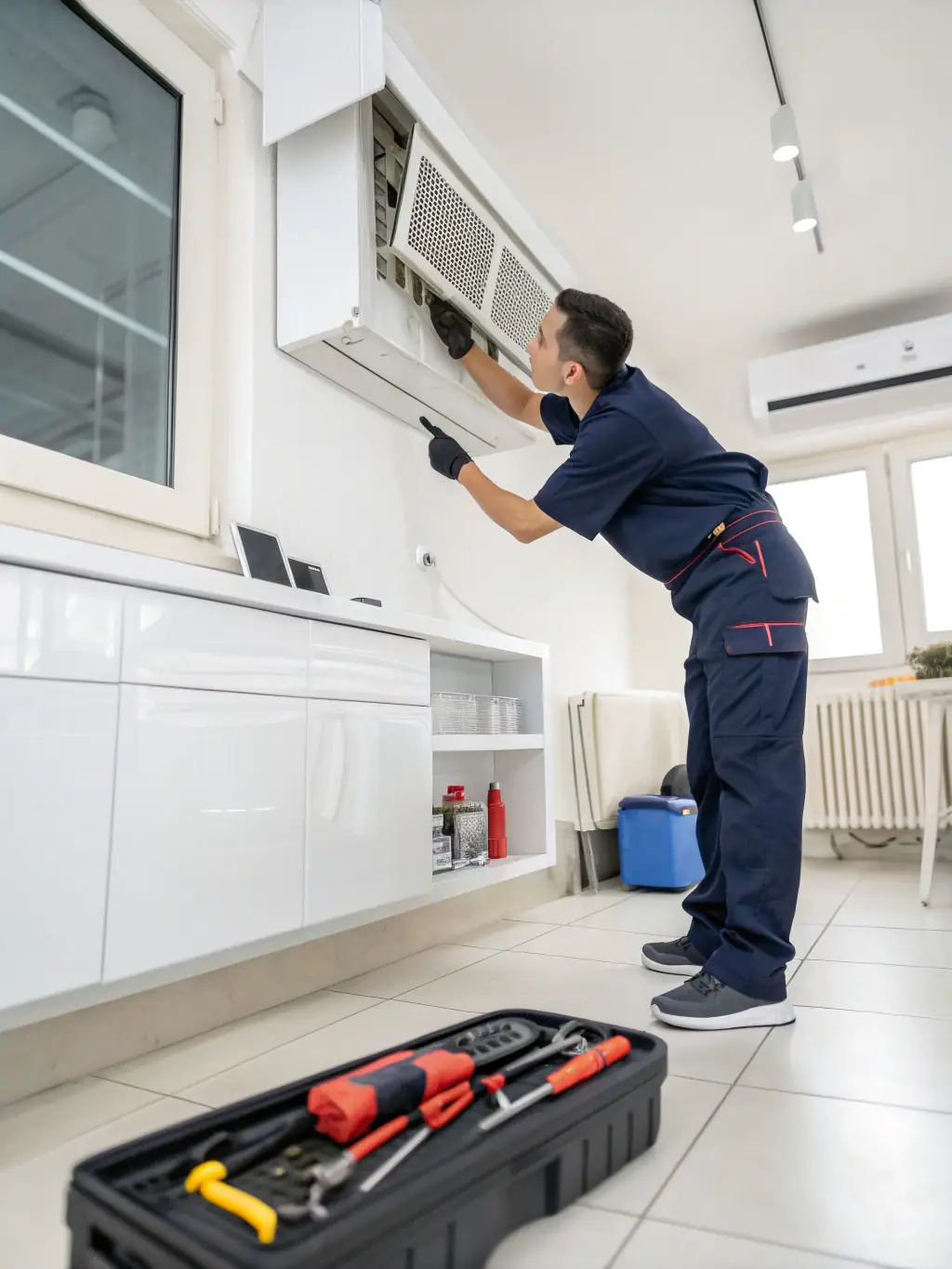 A technician in Phoenix performing routine maintenance on an HVAC system in a residential setting, emphasizing the company's Maintenance Plans.